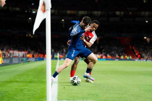 Arsenal FC v Paris Saint-Germain - UEFA Champions League Semi-final First Leg Khvicha Kvaratskhelia during the UEFA Champions League semi-final first leg match between Arsenal and Paris Saint-Germain at Emirates Stadium in London, England, on April 29, 2025. Copyright: xTaiseixIwamotox