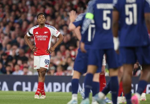Myles Lewis-Skelly (A) at the Arsenal v Paris Saint-Germain UEFA Champions League semi-final match, at the Emirates Stadium, London, UK on 29th April, 2025. 