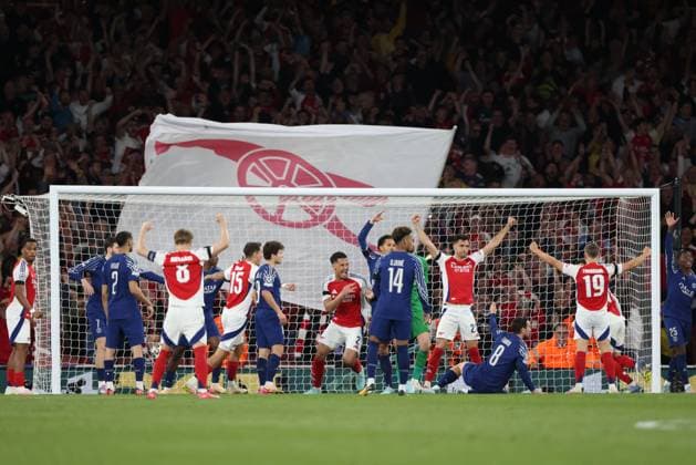 Mikel Merino (A) celebrates the equaliser goal, before it was ruled offside for Arsenal at the Arsenal v Paris Saint-Germain UEFA Champions League semi-final match, at the Emirates Stadium, London, UK on 29th April, 2025. 