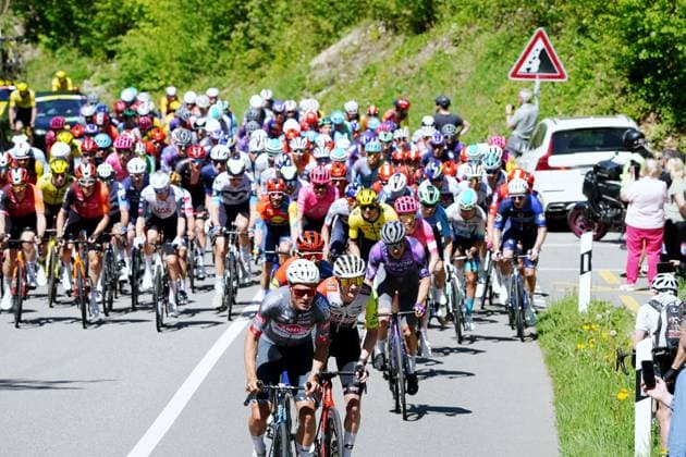 30 04 025 Cycling race Tour de Romandie 1 stage Muenchenstein Freibourg The field of riders on the climb to Hochwald SO At the front Silvan Dillier SUI Team Alpecin Action