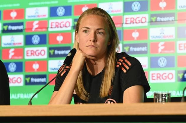 FC Bayern Munich player Magdalena Eriksson at the final press conference for the DFB Womens Cup final, which will take place in Cologne on May 1, 2025