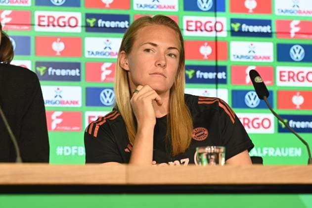 FC Bayern Munich player Magdalena Eriksson at the final press conference for the DFB Womens Cup final, which will take place in Cologne on May 1, 2025