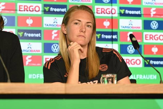 FC Bayern Munich player Magdalena Eriksson at the final press conference for the DFB Womens Cup final, which will take place in Cologne on May 1, 2025