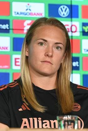 FC Bayern Munich player Magdalena Eriksson at the final press conference for the DFB Womens Cup final, which will take place in Cologne on May 1, 2025