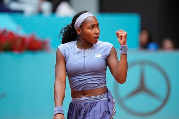 April 30, 2025, Madrid, Madrid, Spain: Coco Gauff of USA reacts after winning against Mirra Andreeva of Russia during the Mutua Madrid Open 2025, ATP, Tennis Herren Masters 1000 and WTA, Tennis Damen 1000 tennis tournament, celebrated at Caja Magica on April 30, 2025 in Madrid, Spain. Madrid Spain - ZUMAa181 20250430_zaa_a181_123 Copyright: xOscarxJ.xBarrosox