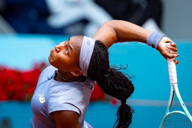 Mutua Madrid Open 2025 Coco Gauff of the United States is in action during the Women s Singles Quarter-Final match against Mirra Andreeva during the Mutua Madrid Open 2025 tournament celebrated at La Caja Magica on April 30, 2025 in Madrid, Spain. Madrid La Caja Magica Madrid Spain Copyright: xAlbertoxGardinx AGardin_20250430_Mutua_Madrid_Open_0698