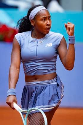 Mutua Madrid Open 2025 Coco Gauff of the United States celebrates victory after the Women s Singles Quarter-Final match against Mirra Andreeva during the Mutua Madrid Open 2025 tournament celebrated at La Caja Magica on April 30, 2025 in Madrid, Spain. Madrid La Caja Magica Madrid Spain Copyright: xAlbertoxGardinx AGardin_20250430_Mutua_Madrid_Open_0712