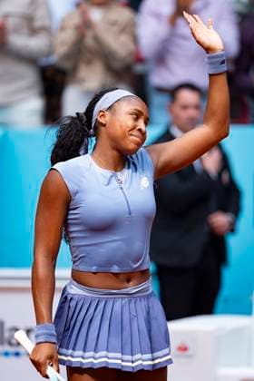 Mutua Madrid Open 2025 Coco Gauff of the United States celebrates victory after the Women s Singles Quarter-Final match against Mirra Andreeva during the Mutua Madrid Open 2025 tournament celebrated at La Caja Magica on April 30, 2025 in Madrid, Spain. Madrid La Caja Magica Madrid Spain Copyright: xAlbertoxGardinx AGardin_20250430_Mutua_Madrid_Open_0717