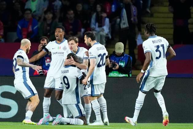 FC Barcelona, Barca v FC Internazionale Milano - UEFA Champions League 2024 25 Semi Final First Leg Marcus Thuram centre-forward of Internazionale and France celebrates after scoring his sides first goal during the UEFA Champions League 2024 25 Semi Final First Leg match between FC Barcelona and FC Internazionale Milano at Estadi Olimpic Lluis Companys on April 30, 2025 in Barcelona, Spain. Barcelona Madrid Spain  Copyright: xJosexBretonx originalFilename:bretonhernandez-fcbarcel250430_np1Jc.jpg