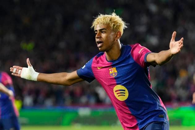 FC Barcelona, Barca v FC Internazionale Milano - UEFA Champions League 2024 25 Semi Final First Leg Lamine Yamal right winger of Barcelona and Spain celebrates after scoring his sides first goal during the UEFA Champions League 2024 25 Semi Final First Leg match between FC Barcelona and FC Internazionale Milano at Estadi Olimpic Lluis Companys on April 30, 2025 in Barcelona, Spain. Barcelona Madrid Spain  Copyright: xJosexBretonx originalFilename:bretonhernandez-fcbarcel250430_nphIC.jpg