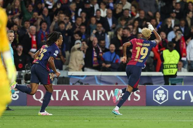 April 30, 2025, Barcelona, Barcelona, SPAIN: Lamine Yamal of FC Barcelona, Barca celebrates a goal during the UEFA Champions League 2024 25 Semi Final First leg, match between FC Barcelona and FC Internazionale Milano at Estadi Olimpic Lluis Companys on April 30, 2025 in Barcelona, Spain. Barcelona SPAIN - ZUMAa181 20250430_zaa_a181_270 Copyright: xIrinaxR.xHipolitox