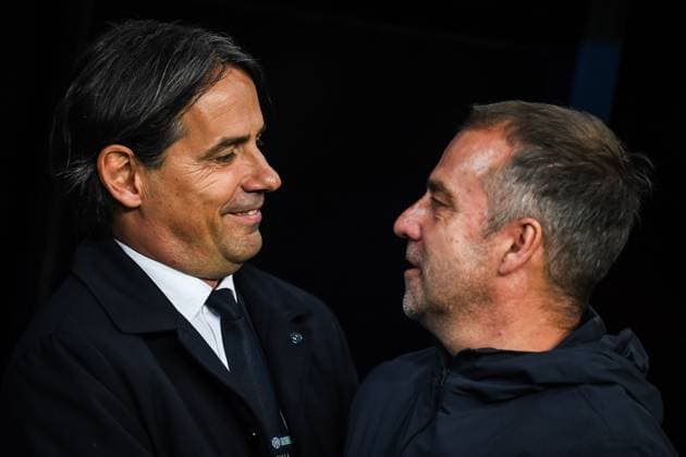 April 30, 2025, Barcelona, Spain, Spain: Simone INZAGHI of Inter Milan and Hansi FLICK of Barcelona during the UEFA Champions League match between FC Barcelona, Barca and FC Internazionale at Estadi Olimpic Lluis Companys on April 30, 2025 in Barcelona, Spain. Barcelona Spain - ZUMAm308 20250430_zsp_m308_001 Copyright: xMatthieuxMirvillex