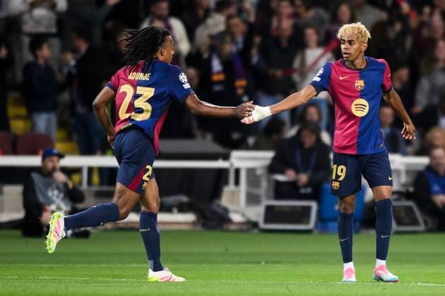 FC Barcelona, Barca v FC Internazionale - UEFA Champions League Lamine Yamal of FC Barcelona celebrates with Jules Kounde of FC Barcelona during the UEFA Champions League 2024 25 semi-final first leg football match between FC Barcelona and FC Internazionale. Barcelona Spain Copyright: xNicolòxCampox