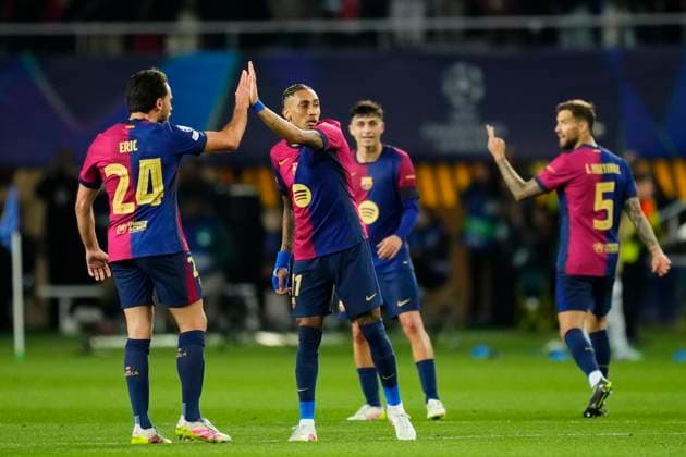 FC Barcelona, Barca v FC Internazionale Milano - UEFA Champions League 2024 25 Semi Final First Leg Raphinha right winger of Barcelona and Brazilcelebrates after scoring his sides first goal during the UEFA Champions League 2024 25 Semi Final First Leg match between FC Barcelona and FC Internazionale Milano at Estadi Olimpic Lluis Companys on April 30, 2025 in Barcelona, Spain. Barcelona Madrid Spain  Copyright: xJosexBretonx originalFilename:bretonhernandez-fcbarcel250430_npvZf.jpg