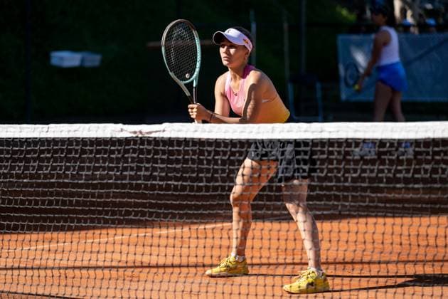 30 04 2025, GER, Women, ITF World Tennis Tour Wiesbaden Tennis Open Round of the last 16 Doubles Young talent Julia Stusek GER during the match Wiesbaden Nordenstadt T2 Sports Health Club Hessen Germany