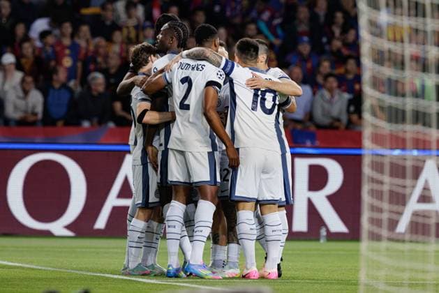 Marcus Thuram seen celebrating after scoring goal during UEFA Champions League game between teams of FC Barcelona, Barca and Internazionale Milano (Maciej Rogowski) Barcelona Estadi Olimpic Lluis Companys Spain Copyright: xMaciejxRogowskix fcbvsinter2425-03