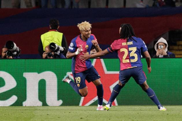 Lamine Yamal seen celebrating after scoring goal during UEFA Champions League game between teams of FC Barcelona, Barca and Internazionale Milano (Maciej Rogowski) Barcelona Estadi Olimpic Lluis Companys Spain Copyright: xMaciejxRogowskix fcbvsinter2425-12