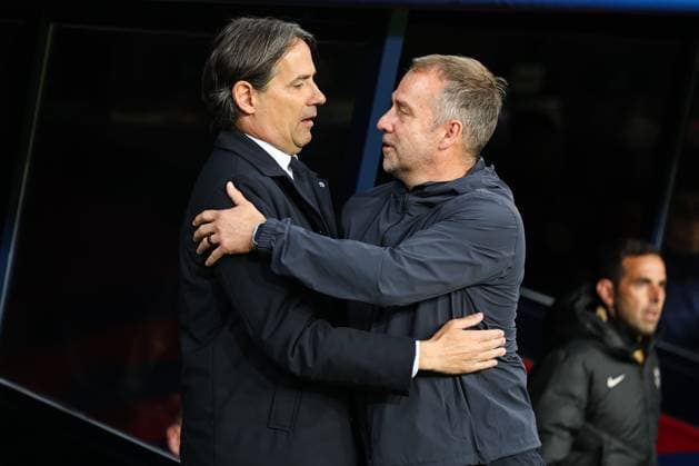 April 30, 2025, Barcelona, Barcelona, SPAIN: Simone Inzaghi, head coach of FC Internazionale and Hansi Flick, head coach of FC Barcelona, Barca greet each other during the UEFA Champions League 2024 25 Semi Final First leg, match between FC Barcelona and FC Internazionale Milano at Estadi Olimpic Lluis Companys on April 30, 2025 in Barcelona, Spain. Barcelona SPAIN - ZUMAa181 20250430_zaa_a181_312 Copyright: xIrinaxR.xHipolitox
