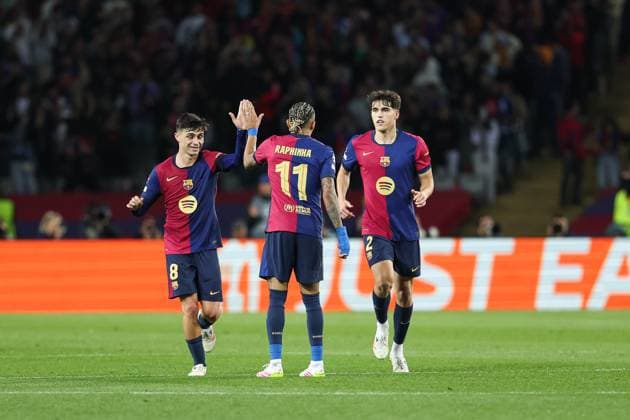 April 30, 2025, Barcelona, Barcelona, SPAIN: Pedri Gonzalez, Pau Cubarsi and Rapinha of FC Barcelona, Barca celebrate an own goal scored by Yann Sommer of FC Internazionale (out of photo) during the UEFA Champions League 2024 25 Semi Final First leg, match between FC Barcelona and FC Internazionale Milano at Estadi Olimpic Lluis Companys on April 30, 2025 in Barcelona, Spain. Barcelona SPAIN - ZUMAa181 20250430_zaa_a181_315 Copyright: xIrinaxR.xHipolitox