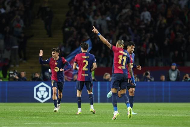 April 30, 2025, Barcelona, Barcelona, SPAIN: Pedri Gonzalez, Pau Cubarsi and Rapinha of FC Barcelona, Barca celebrate an own goal scored by Yann Sommer of FC Internazionale (out of photo) during the UEFA Champions League 2024 25 Semi Final First leg, match between FC Barcelona and FC Internazionale Milano at Estadi Olimpic Lluis Companys on April 30, 2025 in Barcelona, Spain. Barcelona SPAIN - ZUMAa181 20250430_zaa_a181_318 Copyright: xIrinaxR.xHipolitox