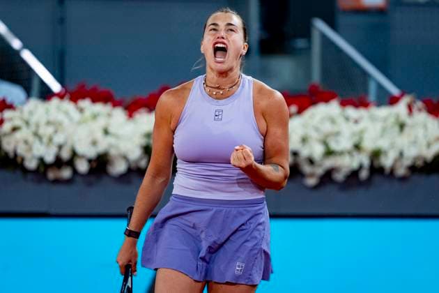 Mutua Madrid Open 2025 Aryna Sabalenka of Belarus celebrates a set won in the quarter-final match against Elina Svitolina of Ukraine at the Mutua Madrid Open 2025 tournament celebrated at La Caja Magica on April 30, 2025 in Madrid, Spain. Madrid La Caja Magica Madrid Spain Copyright: xAlbertoxGardinx AGardin_20250430_Mutua_Madrid_Open_1102