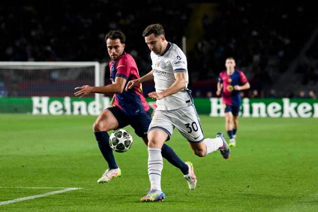 FC Barcelona, Barca v FC Internazionale - UEFA Champions League Carlos Augusto of FC Internazionale competes for the ball with Eric Garcia of FC Barcelona during the UEFA Champions League 2024 25 semi-final first leg football match between FC Barcelona and FC Internazionale. Barcelona Spain Copyright: xNicolòxCampox