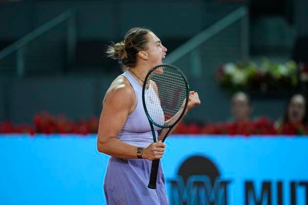 April 30, 2025, Madrid, Madrid, Spain: Aryna Sabalenka of Belarus reacts after winning against Marta Kostiuk of Ukraine during the Mutua Madrid Open 2025, ATP, Tennis Herren Masters 1000 and WTA, Tennis Damen 1000 tennis tournament, celebrated at Caja Magica on April 30, 2025 in Madrid, Spain. Madrid Spain - ZUMAa181 20250430_zaa_a181_412 Copyright: xOscarxJ.xBarrosox