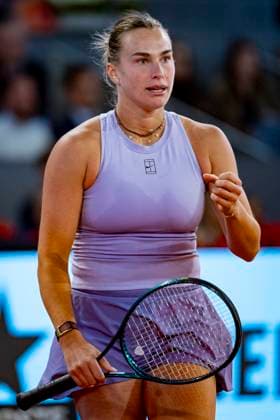 Mutua Madrid Open 2025 Aryna Sabalenka of Belarus celebrates a point in the quarter-final match against Marta Kostyuk of Ukraine at the Mutua Madrid Open 2025 tournament celebrated at La Caja Magica on April 30, 2025 in Madrid, Spain. Madrid La Caja Magica Madrid Spain Copyright: xAlbertoxGardinx AGardin_20250430_Mutua_Madrid_Open_1140