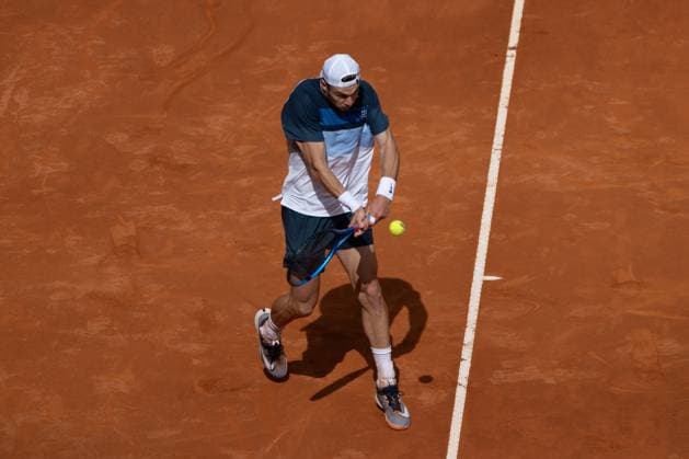 April 30, 2025, Madrid, Spain: British Jack Draper plays against American Tommy Paul (not visible) during a match at the 2025 Mutua Madrid Open, held at La Caja Magica. Final score: 6-2 6-2 for Draper Madrid Spain - ZUMAs197 20250430_aaa_s197_097 Copyright: xDavidxCanalesx