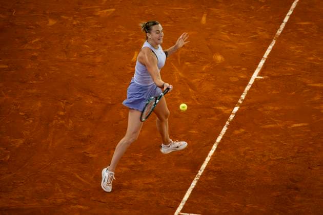 Mutua Madrid Open 2025 Aryna Sabalenka of Belarus is seen in action in the quarter-final match against Marta Kostyuk of Ukraine at the Mutua Madrid Open 2025 tournament celebrated at La Caja Magica on April 30, 2025 in Madrid, Spain. Madrid La Caja Magica Madrid Spain Copyright: xAlbertoxGardinx AGardin_20250430_Mutua_Madrid_Open_1182