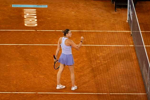 Mutua Madrid Open 2025 Aryna Sabalenka of Belarus celebrates a point in the quarter-final match against Marta Kostyuk of Ukraine at the Mutua Madrid Open 2025 tournament celebrated at La Caja Magica on April 30, 2025 in Madrid, Spain. Madrid La Caja Magica Madrid Spain Copyright: xAlbertoxGardinx AGardin_20250430_Mutua_Madrid_Open_1184