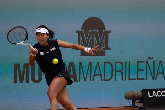 April 30, 2025, Madrid, Spain: Japanese player Moyuka Uchijima plays against Ukrainian player Elina Svitolina (not visible) during a match at the 2025 Mutua Madrid Open, held at La Caja Magica. Final score: 2-6 1-6 for Svitolina Madrid Spain - ZUMAs197 20250430_aaa_s197_116 Copyright: xDavidxCanalesx