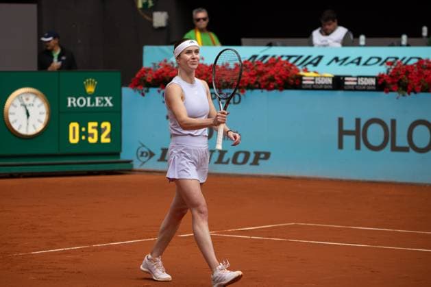 April 30, 2025, Madrid, Spain: Ukrainian player Elina Svitolina plays against Japanese player Moyuka Uchijima (not visible) during a match at the 2025 Mutua Madrid Open, held at La Caja Magica. Final score: 2-6 1-6 for Svitolina Madrid Spain - ZUMAs197 20250430_aaa_s197_120 Copyright: xDavidxCanalesx