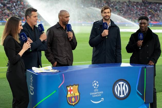 Barcelona, Spain, 30th April 2025. Giulia Mizzoni, Julio Cesar, Douglas Maicon, Fernandro Llorente and Clarence Seedorf comment for Amazon Prime prior to kick off in the FC Barcelona, Barca vs Internazionale UEFA Champions League match at Estadi Olimpic Luis Companys, Barcelona. Picture credit should read: Jonathan Moscrop Sportimage EDITORIAL USE ONLY. No use with unauthorised audio, video, data, fixture lists, club league logos or live services. Online in-match use limited to 120 images, no video emulation. No use in betting, games or single club league player publications. SPI_022_JM_BARCA_INTER_ SPI-3882-0022