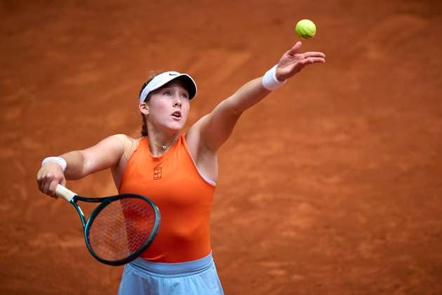 (250501) -- MADRID, May 1, 2025 -- Mirra Andreeva serves during the women s singles quarterfinal between Mirra Andreeva of Russia and Coco Gauff of the United States at the Madrid Open tennis tournament, in Madrid, Spain, April 30, 2025. (Photo by Xinhua) (SP)SPAIN-MADRID-TENNIS-MADRID OPEN-WOMEN S SINGLES PabloxMorano 