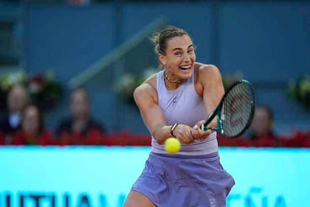 April 30, 2025, Madrid, Madrid, Spain: Aryna Sabalenka of Belarus in action against Marta Kostiuk of Ukraine during the Mutua Madrid Open 2025, ATP, Tennis Herren Masters 1000 and WTA, Tennis Damen 1000 tennis tournament, celebrated at Caja Magica on April 30, 2025 in Madrid, Spain. Madrid Spain - ZUMAa181 20250430_zaa_a181_398 Copyright: xOscarxJ.xBarrosox