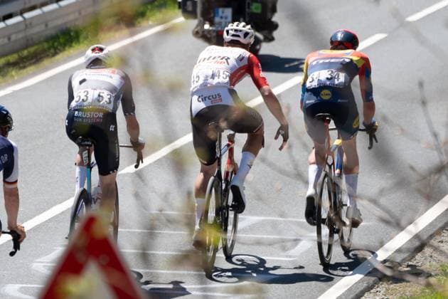 01 05 2025, xhfmx, Radsport Radklassiker 2025, Frankfurt Eschborn v l Michael Gogl Alpecin Deceuninck, Paul Magnier Soudal Quick Step , Tim Declercq Lidl Trek at the descent of the Feldberg DFL DFB REGULATIONS PROHIBIT ANY USE OF PHOTOGRAPHS as IMAGE SEQUENCES and or QUASI VIDEO Frankfurt am Main