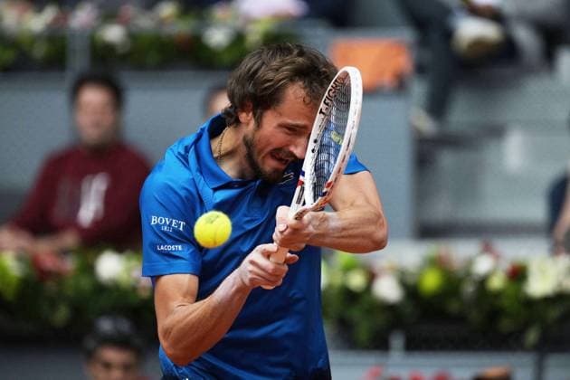May 1, 2025, Madrid, Madrid, Spain: DANIIL MEDVEDEV of Russia plays a forehand during his Men s Singles Quarter-Final match against CASPER RUUD of Norway. on Day Ten of the Mutua Madrid Open at La Caja Magica. Madrid Spain - ZUMAd308 20250501_zsp_d308_006 Copyright: xJuanxCarlosxLucasx
