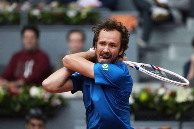 May 1, 2025, Madrid, Madrid, Spain: DANIIL MEDVEDEV of Russia plays a forehand during his Men s Singles Quarter-Final match against CASPER RUUD of Norway. on Day Ten of the Mutua Madrid Open at La Caja Magica. Madrid Spain - ZUMAd308 20250501_zsp_d308_007 Copyright: xJuanxCarlosxLucasx