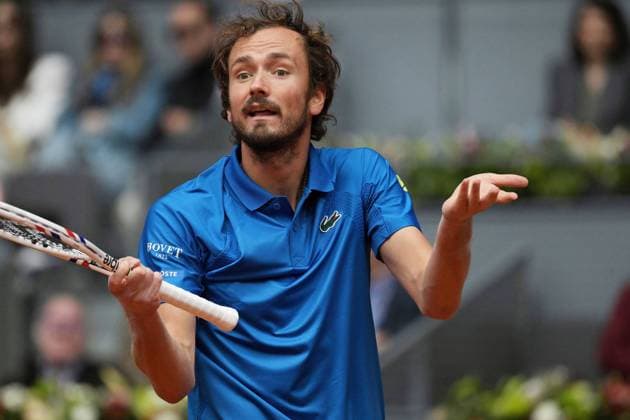 May 1, 2025, Madrid, Madrid, Spain: DANIIL MEDVEDEV of Russia in action against during his Men s Singles Quarter-Final match against CASPER RUUD of Norway. on Day Ten of the Mutua Madrid Open at La Caja Magica. Madrid Spain - ZUMAd308 20250501_zsp_d308_009 Copyright: xJuanxCarlosxLucasx