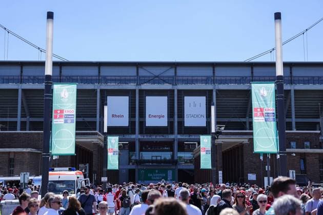 Soccer DFB Cup Womens Final FC Bayern Munich SV Werder Bremen on 01 05 2025 at the RheinEnergieStadion in Cologne Many people are standing on the lawn in front of the RheinEnergieStadion DFB regulations prohibit any use of photographs as image sequences and or quasi video xJRx