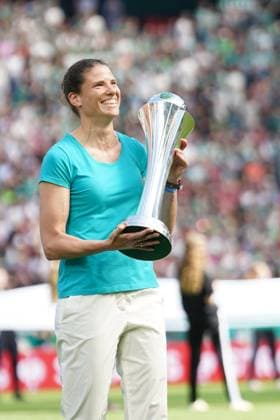 Annike Krahn with the DFB Cup at the DFB Cup Final FC Bayern Munich SV Werder Bremen on 01 05 2025 in Cologne Köln RheinEnergieSTADION Nordrhein Westfalen Germany
