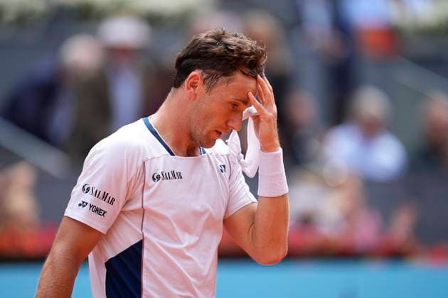 May 1, 2025, Madrid, Madrid, Spain: Casper Ruud of Norway reacts after winning against Daniil Medvedev of Russia during the Mutua Madrid Open 2025, ATP, Tennis Herren Masters 1000 and WTA, Tennis Damen 1000 tennis tournament, celebrated at Caja Magica on May 01, 2025 in Madrid, Spain. Madrid Spain - ZUMAa181 20250501_zaa_a181_044 Copyright: xOscarxJ.xBarrosox