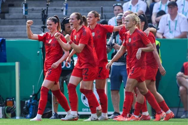 Soccer DFB Cup Womens Final FC Bayern Munich SV Werder Bremen on 01 05 2025 at RheinEnergieStadion in Cologne Goal celebration to 1 0 by Lea Schüller Munich DFB regulations prohibit any use of photographs as image sequences and or quasi video xJRx
