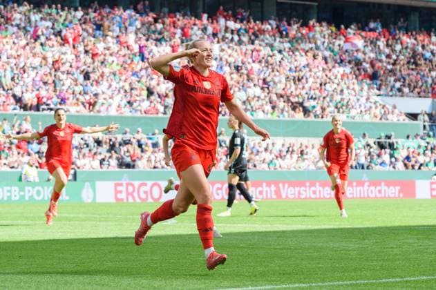 Lea Schueller (11 FC Bayern Munich) celebrating the opening goal during the DFB-Cup Final match between FC Bayern Munich and SV Werder Bremen at RheinEnergieStadion, in Cologne, Germany. (Sven Beyrich SPP) Copyright: xSvenxBeyrich SPPx spp-en-SvBe-20250501-D4S_0562