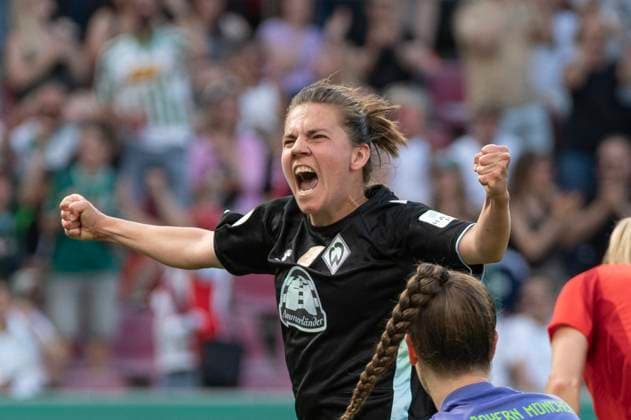 Cologne, Germany, May 01, 2025: Rieke Dieckmann (22 SV Werder Bremen Frauen) celebrates after scoring her team s first goal during the DFB-Pokal final game between FC Bayern Munich and SV Werder Bremen at the RheinEnergieStadion in Cologne, Germany (Martin Pitsch SPP) Copyright: xMartinxPitschx xSPPx spp-en-MaPiSp-20250501_NIKON Z 6_SVWvFCB_DSC3420
