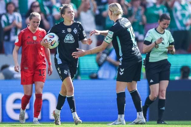 Soccer DFB Cup Womens Final FC Bayern Munich SV Werder Bremen on 01 05 2025 at RheinEnergieStadion in Cologne Goal celebration to 2 1 by Rieke Dieckmann Bremen DFB regulations prohibit any use of photographs as image sequences and or quasi video xJRx
