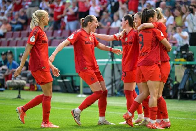 Soccer, DFB Pokal Women, 20250501, FC Bayern München SV Werder Bremen In the picture Bayern goal celebration cheers goal 1 0 Köln Rhein Energie Stadion Nordrhein Westfalen Germany Copyright: Passion2Press MarkusxFischerx