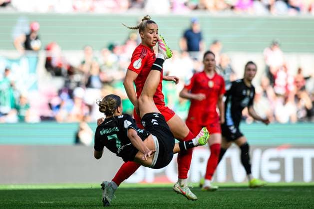COLOGNE, GERMANY - 1 MAY, 2025: Larissa Muhlhaus, Giulia Gwinn - The DFB-Pokal Frauen (Germany Women Cup) match FC Bayern Munich vs SV Werder Bremen at Rhein Energie Stadion.  Copyright: xx