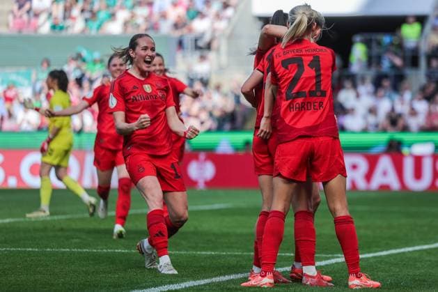 Soccer DFB Cup Womens Final FC Bayern Munich SV Werder Bremen on 01 05 2025 at RheinEnergieStadion in Cologne Goal celebration for 3 1 by Lea Schüller Munich DFB regulations prohibit any use of photographs as image sequences and or quasi video xJRx